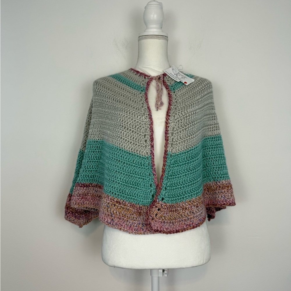 Handmade Crocheted Cape. Gray, Green, Pinks. One Size Fits Most.